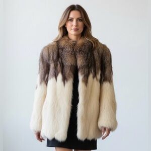 White Fox Fur Coat with Pockets, Brown Fox Collar/Shoulders, Satin Lined, Chic!